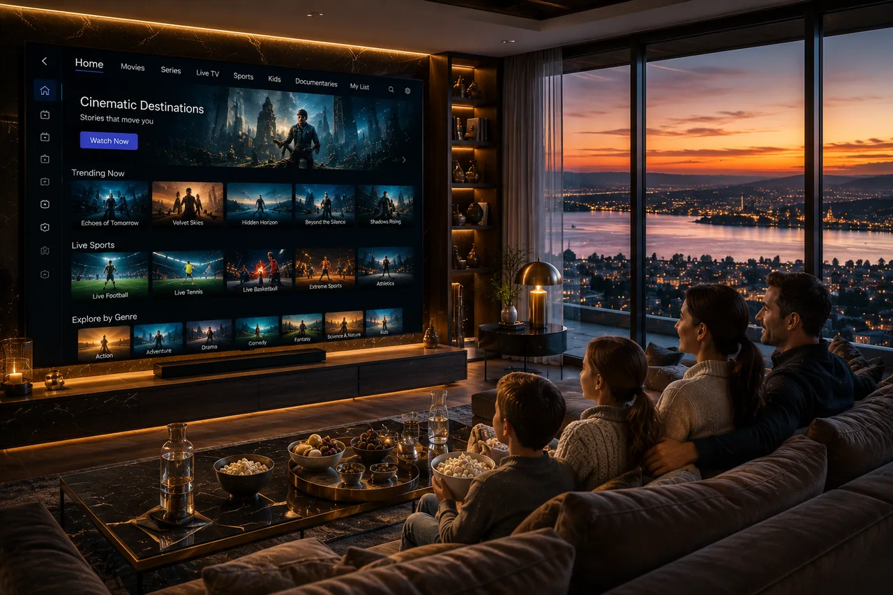 IPTV Account kaufen Schweiz — TV-Abonnement.ch VOD Katalog mit 280'000 Filmen und Serien auf grossem Smart TV