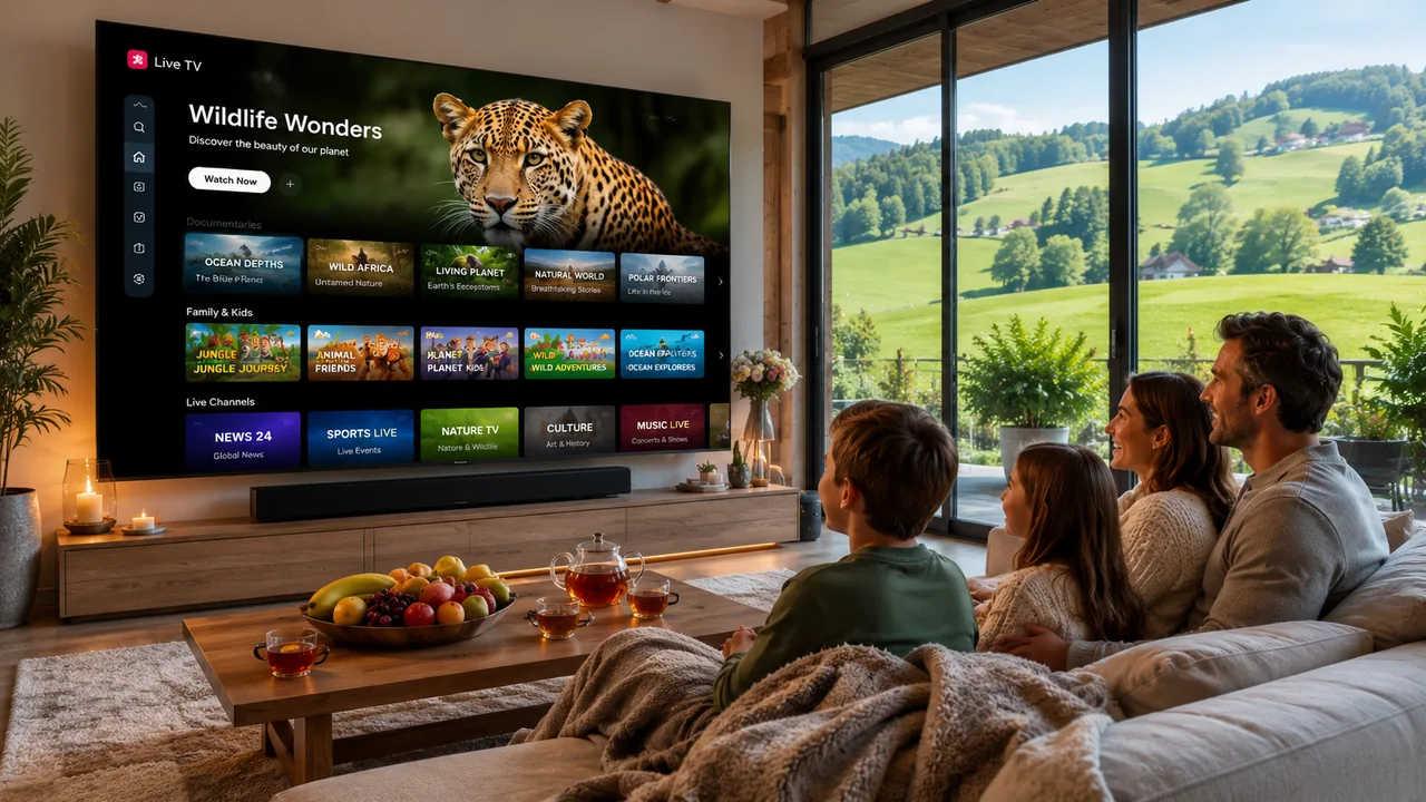 IPTV einrichten Schweiz — Smart TV mit IPTV Smarters Pro App und Schweizer Alpenpanorama